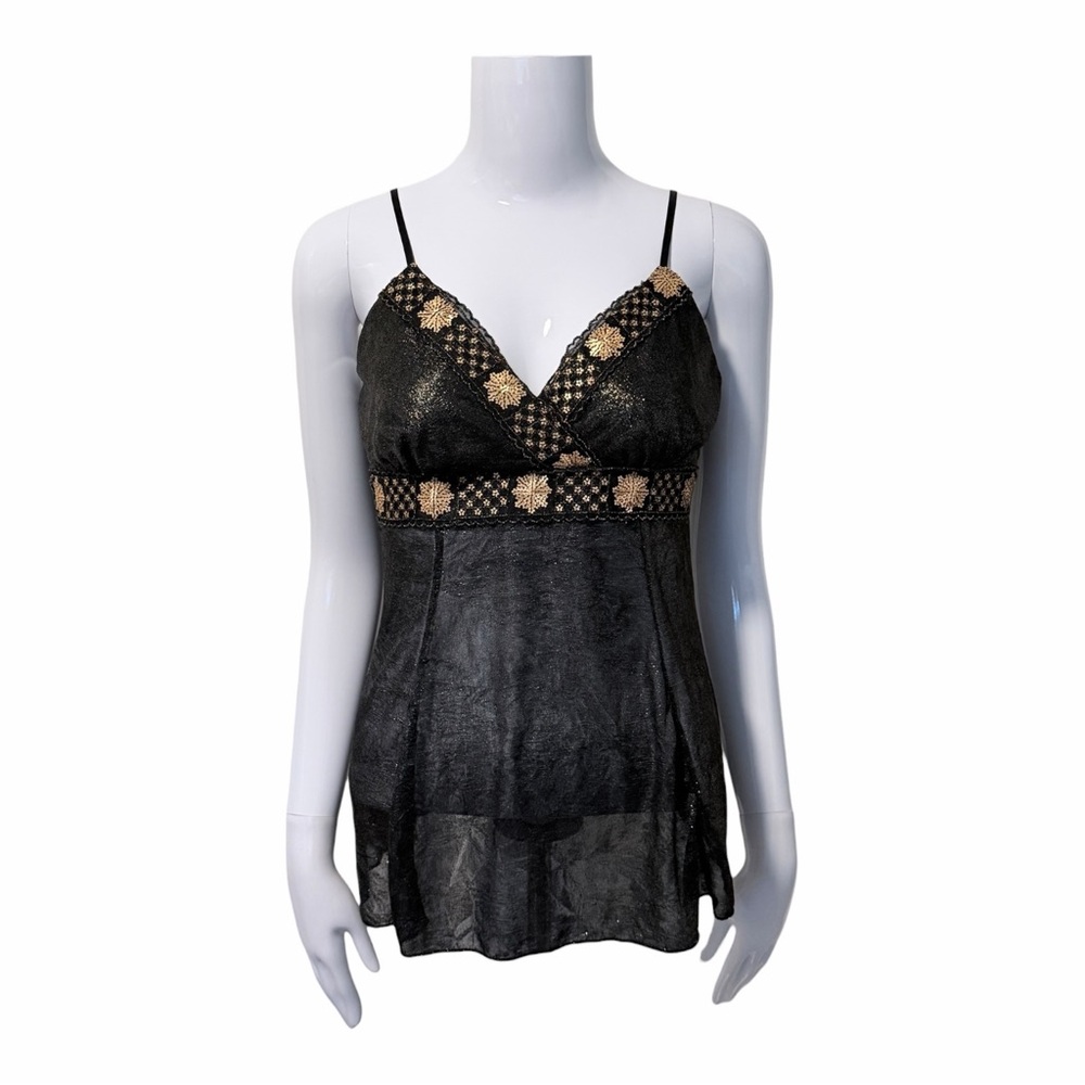 VTG Y2K Sequin Surplice Neck Cami Top Size Large Gold & Black Gauze